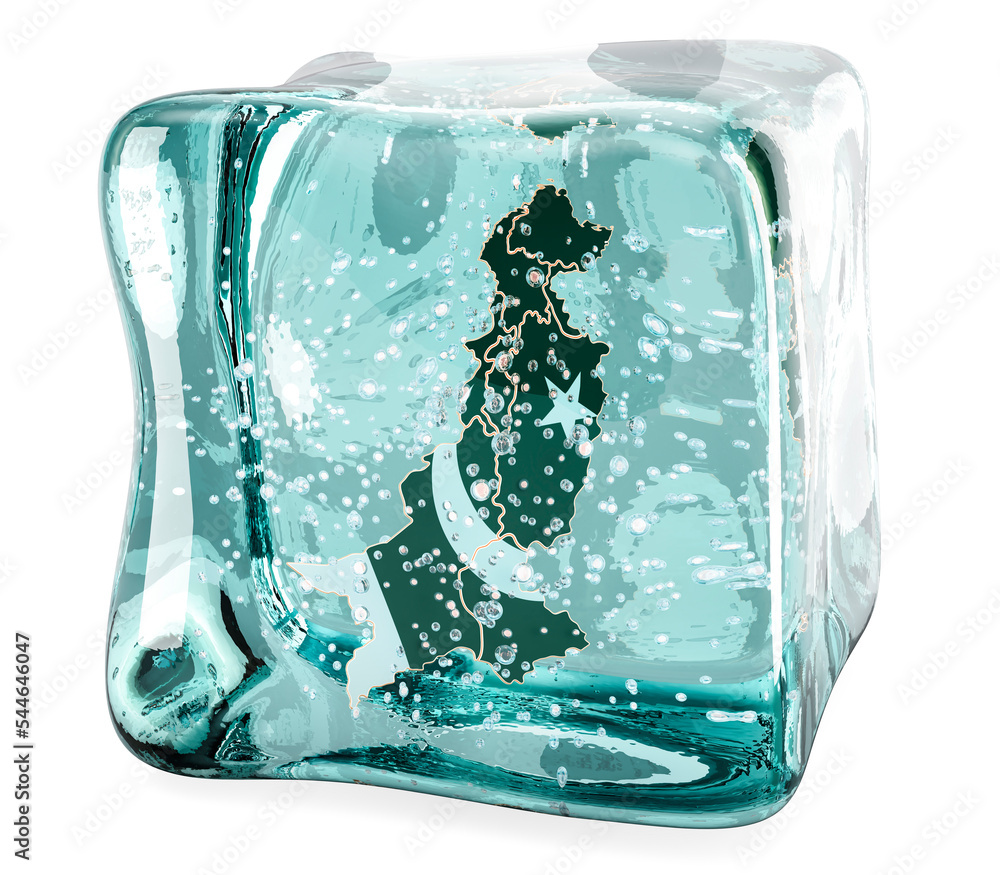Poster pakistani map frozen in ice cube, 3d rendering