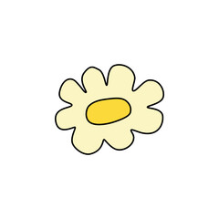 Retro Groovy Flower Element, Daisy flat icon in doodle style. Cute Hand Drawn Hippy Flower inspirited by 70s years. Vintage vector illustration isolated on white background. Floral for poster, print.