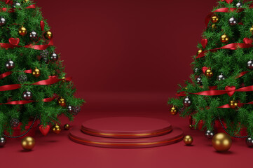 3d render of podium at christmas concept with traditional decoration