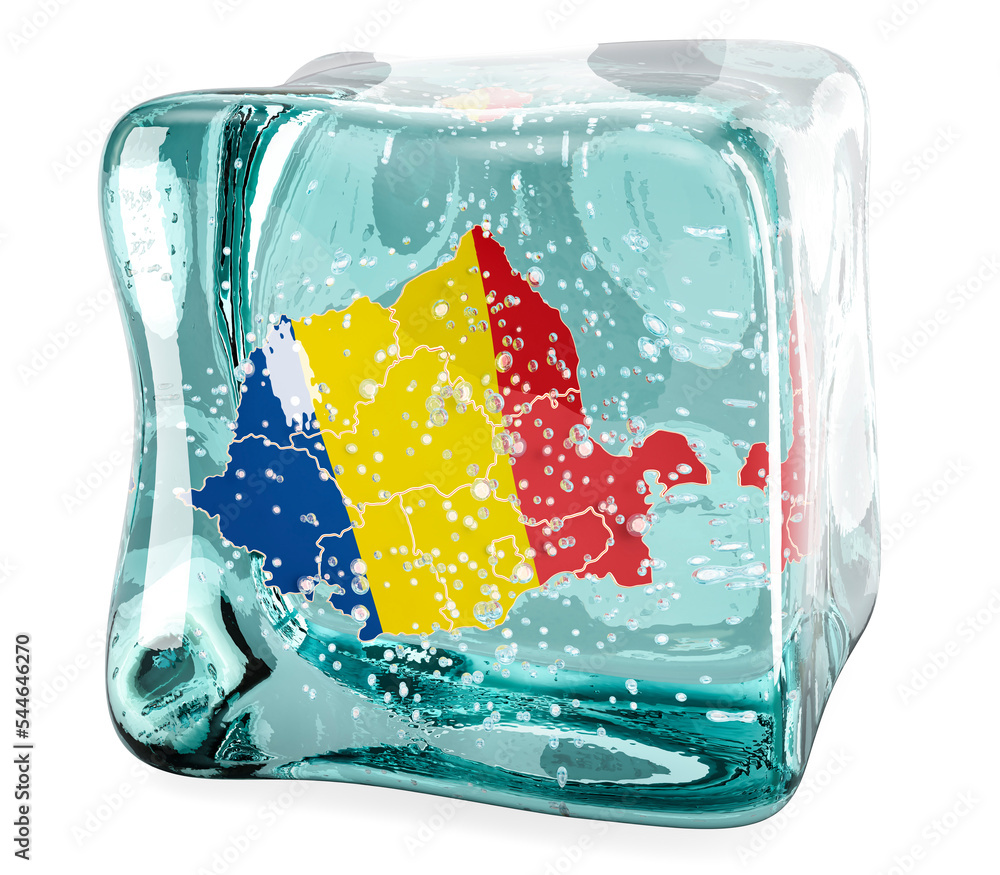 Poster romanian map frozen in ice cube, 3d rendering