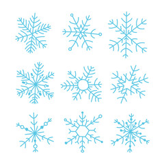 Fototapeta na wymiar Blue snowflake simple hand drawn icons collection isolated on white background. New year, Christmas design elements, winter snow, frozen ice crystal, Xmas frost symbol