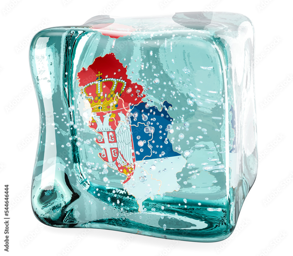 Poster serbian map frozen in ice cube, 3d rendering