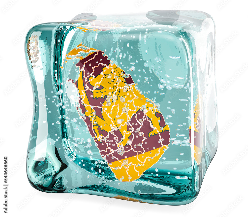 Poster sri lankan map frozen in ice cube, 3d rendering