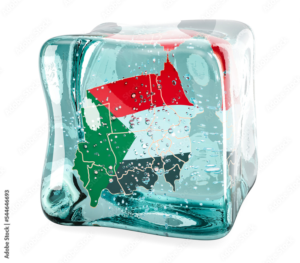 Aufkleber sudanese map frozen in ice cube, 3d rendering