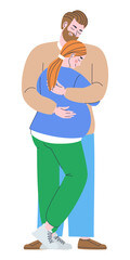 Man hugs pregnant woman. Married couple is expecting a baby. Planned pregnancy. Flat vector illustration, eps10
