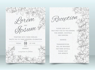Beautiful Wedding Invitation Card Template Set with Hand Drawn Floral and Leaves