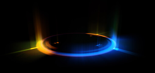 Glow swirl light effect. Circular lens flare. Abstract rotational lines. Power energy element. Luminous sci-fi. Shining neon lights. Magic arena. Swirl trail effect. Glint scene. Dynamic ellipse.