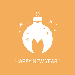 New year greeting card in minimalism. Silhouettes of rabbit ears and christmas toy with star, Happy New Year greetings on a orange background. Vector illustration.