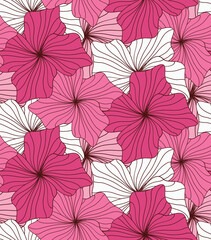 Fototapeta na wymiar Abstract Hand Drawing Striped Line Drawing Hibiscus Flowers Seamless Tropical Vector Pattern Isolated Background
