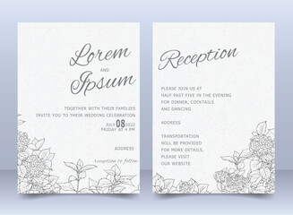 Beautiful Wedding Invitation Card Template Set with Hand Drawn Floral and Leaves