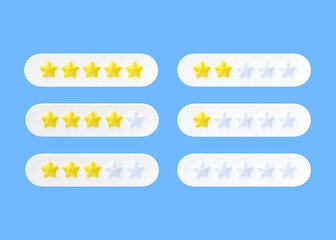 Review 3d render icon set - five to zero gold star customer best to bad quality review, rate experience service