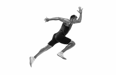 Fototapeta na wymiar Black and white portrait of muscular male athlete, runner, jogger in motion isolated on white background. Monochrome. Sport, beauty, power and style