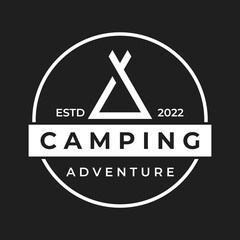 Vintage and retro outdoor camping or camping tent template logo.With tent, trees and campfire sign.Camping for adventurers, scouts, climbers.