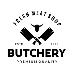Fresh butcher shop logo template with knife and vintage farm animals. Logos for businesses, restaurants, labels, stamps and fresh butcher shops.