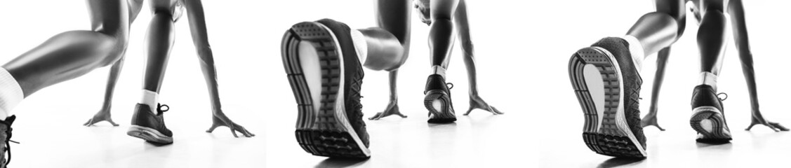 Flyer with runners feet close up. Back view. Black and white shot of athlete, runner, jogger at...