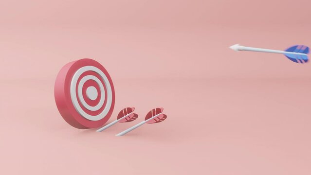 Arrows aims at a dartboard target. Winning situation and only one blue arrow hits the target center. Target marketing and business success concept. Reach goal of success. Achievement. 3d animation