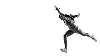 Speed and power. Black and white portrait of professional female athlete, runner, jogger in action isolated on white background. Monochrome.