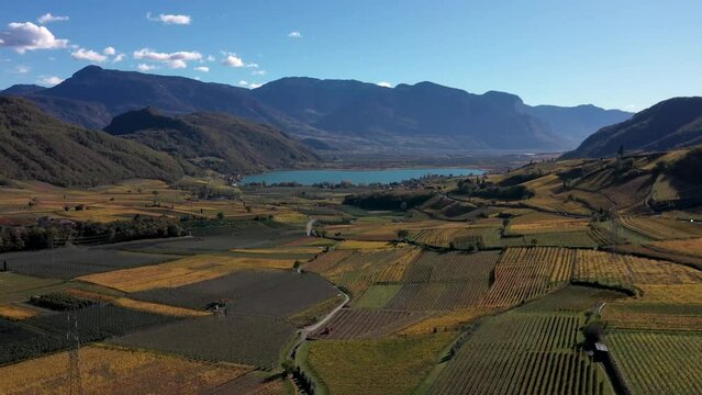 Kalterer See im Herbst. Weinfelder im Herbst. Apfelfelder in S&uuml;dtirol. Wein aus Kaltern. Drohne 4