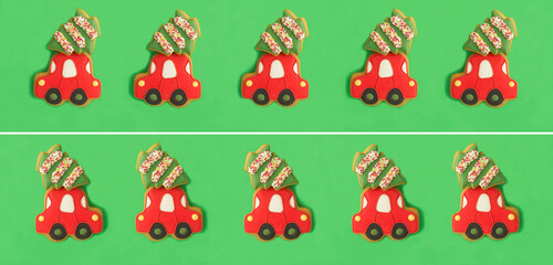 Fototapeta premium Christmas banner. Christmas gingerbread in the shape of a car with fir on the green background. Pattern.