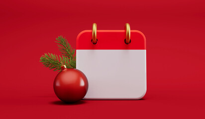 Festive blank calendar page. Advent calendar with holiday decorations. 3D Rendering