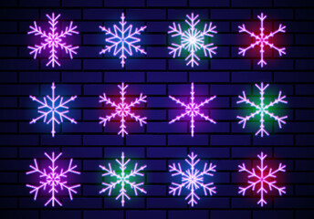 Set of neon snowflakes for Christmas decoration. Neon glowing snowflakes for winter holidays celebration. Collection ofsjiny elements or signs.