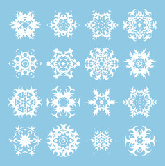Set of snowflakes for Christmas eve holidays ornament. Xmas greeting elements collection. Artistic filigree snowflake group wor winter holiday prints.