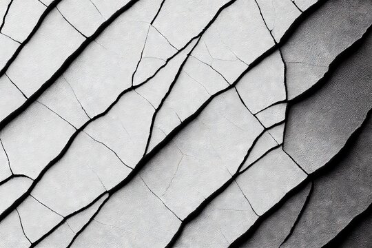 Black And Grey Cracked Rough Wall Texture With Various Cracks From Long Time Use. Grunge Abstract Surface Concrete Background.