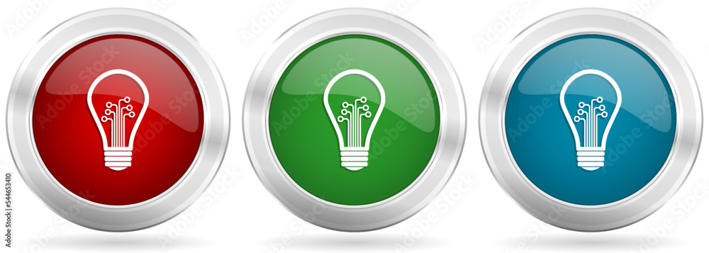 Poster creative, idea, bulb, circuit vector icon set. red, blue and green silver metallic web buttons with 