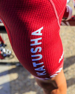 Chartres, France - October 13, 2019: Close-up of the equipment of Team Katusha, during the teams presentation before the autumn French cycling race Paris-Tours 2019