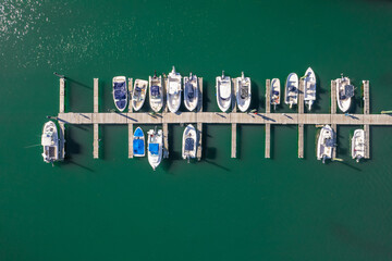 Boats in slips at the marina from above