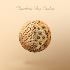 Chocolate chip ice cream. Scoop of ice cream with half a chocolate chip cookie on gradient background. 3d illustration.