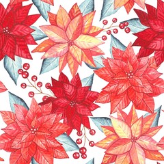 Floral  seamless pattern with watercolor red poinsettia flowers