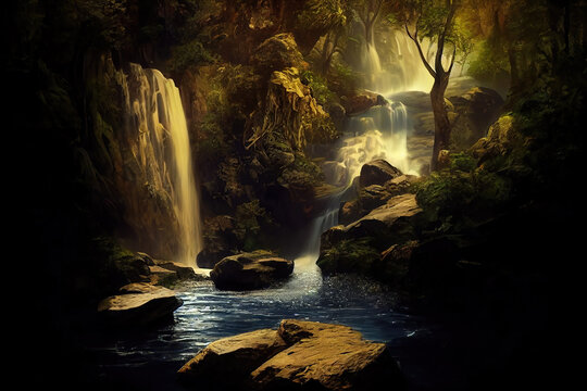 AI generated image of a mystical waterfalls in a forest lit by fireflies