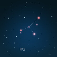 Constellation Indus scheme in starry sky. Open space. Vector illustration Indus constellation in open space through a telescope © iryna