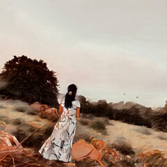 Graphic image of backside of a girl looking into nature