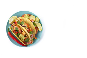 Mexican tacos with shrimp,guacamole and vegetables isolated on white background. Top view. Copy space
