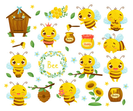 Cute Little Bee with Striped Body with Sweet Honey and Honeycomb Big Vector Set