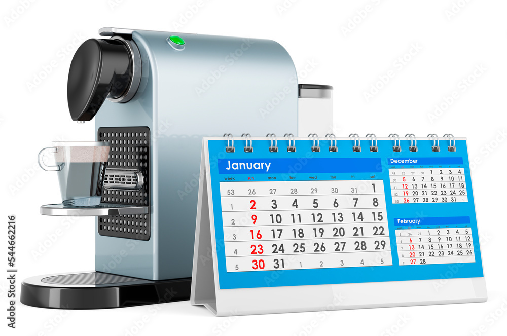 Poster coffee pod machine with desk calendar, 3d rendering