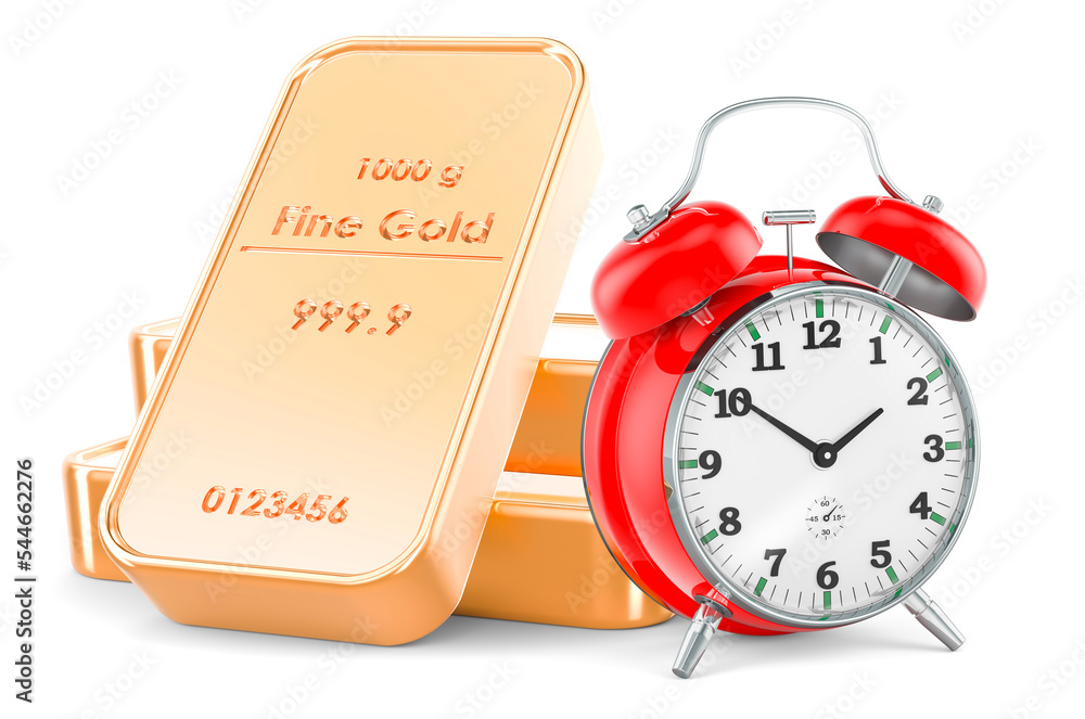 Poster gold ingots with alarm clock, 3d rendering