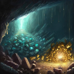 A secret cave filled with gold, gems and other treasures. 