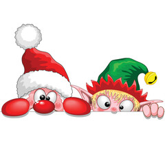 Weihnachtsmann und Elf Süße und lustige Weihnachtszeichentrickfiguren, die hinter einer Tafelvektorillustration hervorschauen, die auf Weiß isoliert ist