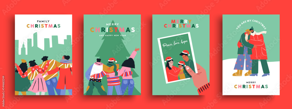 Wall mural Merry Christmas card set of happy holiday people