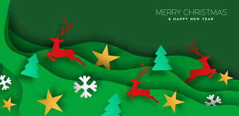 Naklejka na ściany i meble Merry Christmas and New Year green paper cut banner illustration