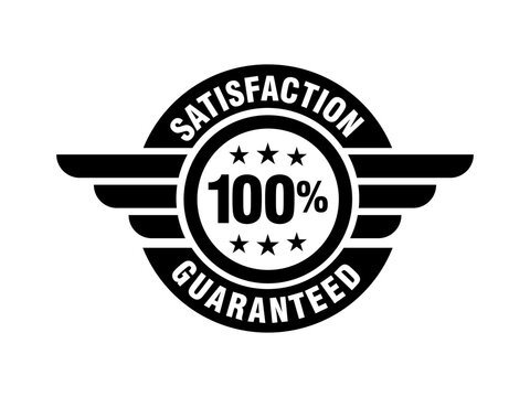 100% satisfaction guaranteed circle badge with wings, minimal style simple design black and white color