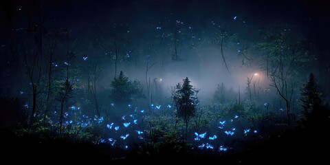 Fototapeta na wymiar colorful fantasy forest foliage at night, glowing flowers and beautifuly butterflies as magical fairies, bioluminescent fauna as wallpaper background