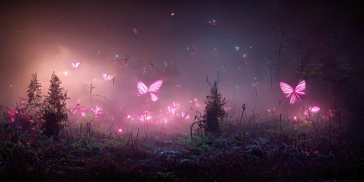 Colorful Fantasy Forest Foliage At Night, Glowing Flowers And Beautifuly Butterflies As Magical Fairies, Bioluminescent Fauna As Wallpaper Background