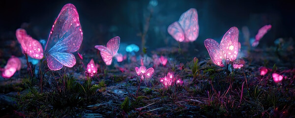 colorful fantasy forest foliage at night, glowing flowers and beautifuly butterflies as magical fairies, bioluminescent fauna as wallpaper background - obrazy, fototapety, plakaty