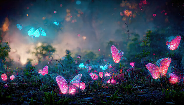 colorful fantasy forest foliage at night, glowing flowers and beautifuly butterflies as magical fairies, bioluminescent fauna as wallpaper background