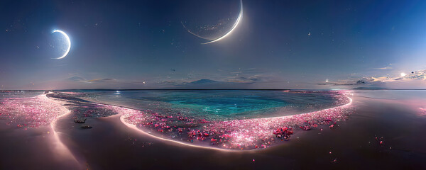beautiful fantasy colorful ocean beach night landscape as stunning wallpaper background