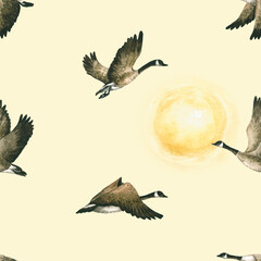 Seamless pattern with watercolor wild geese and the sun. Hand drawn illustration is on the yellow. Flying birds is perfect for natural design, fabric textile print, children's  wallpaper © Vola Tsiukhai
